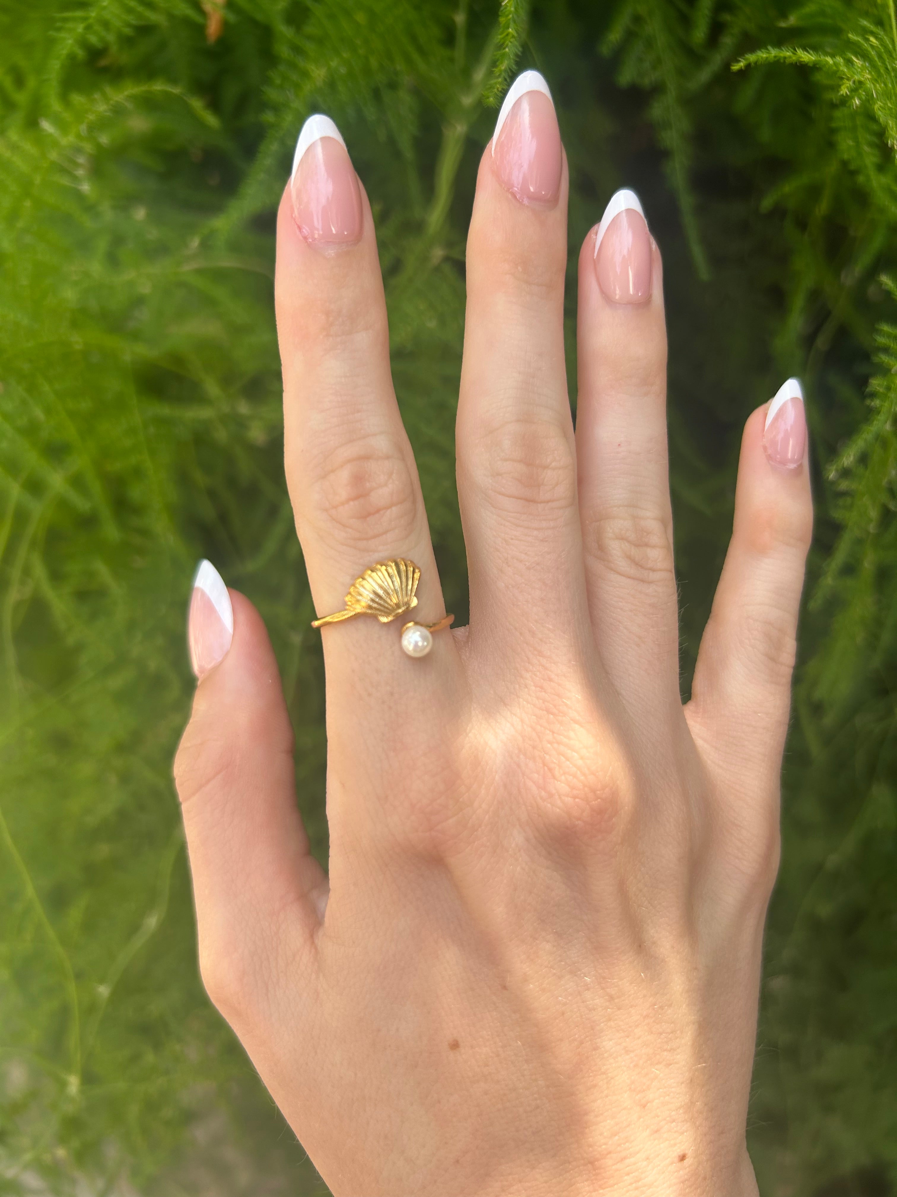 Gold Seashell Ring with Pearl-Mermaid Ring