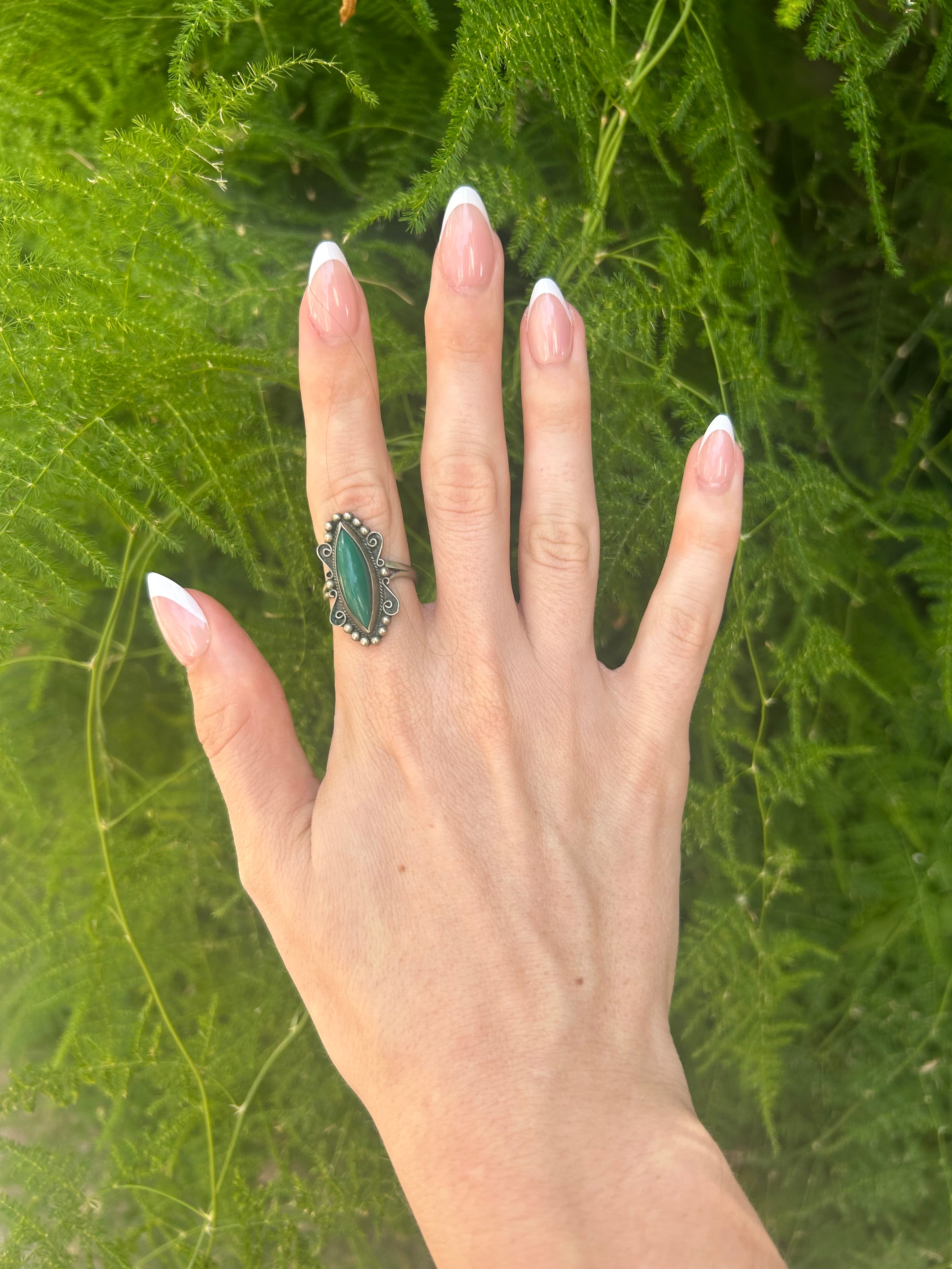 Handcrafted Silver Ring with Green Marquise Stone – Boho Chic Jewelry