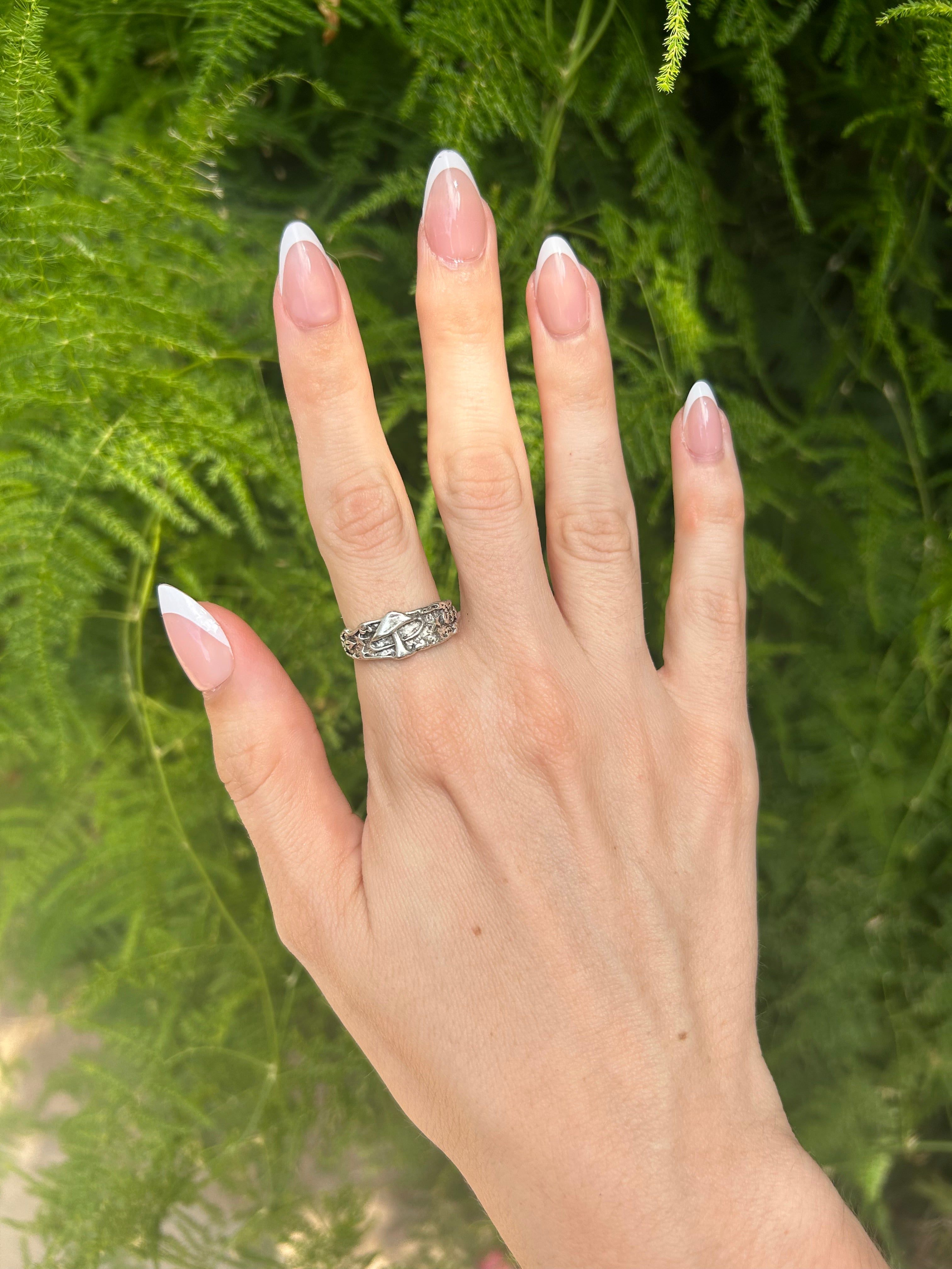 Silver Mushroom Ring with Stars – Mystical Adjustable Jewelry