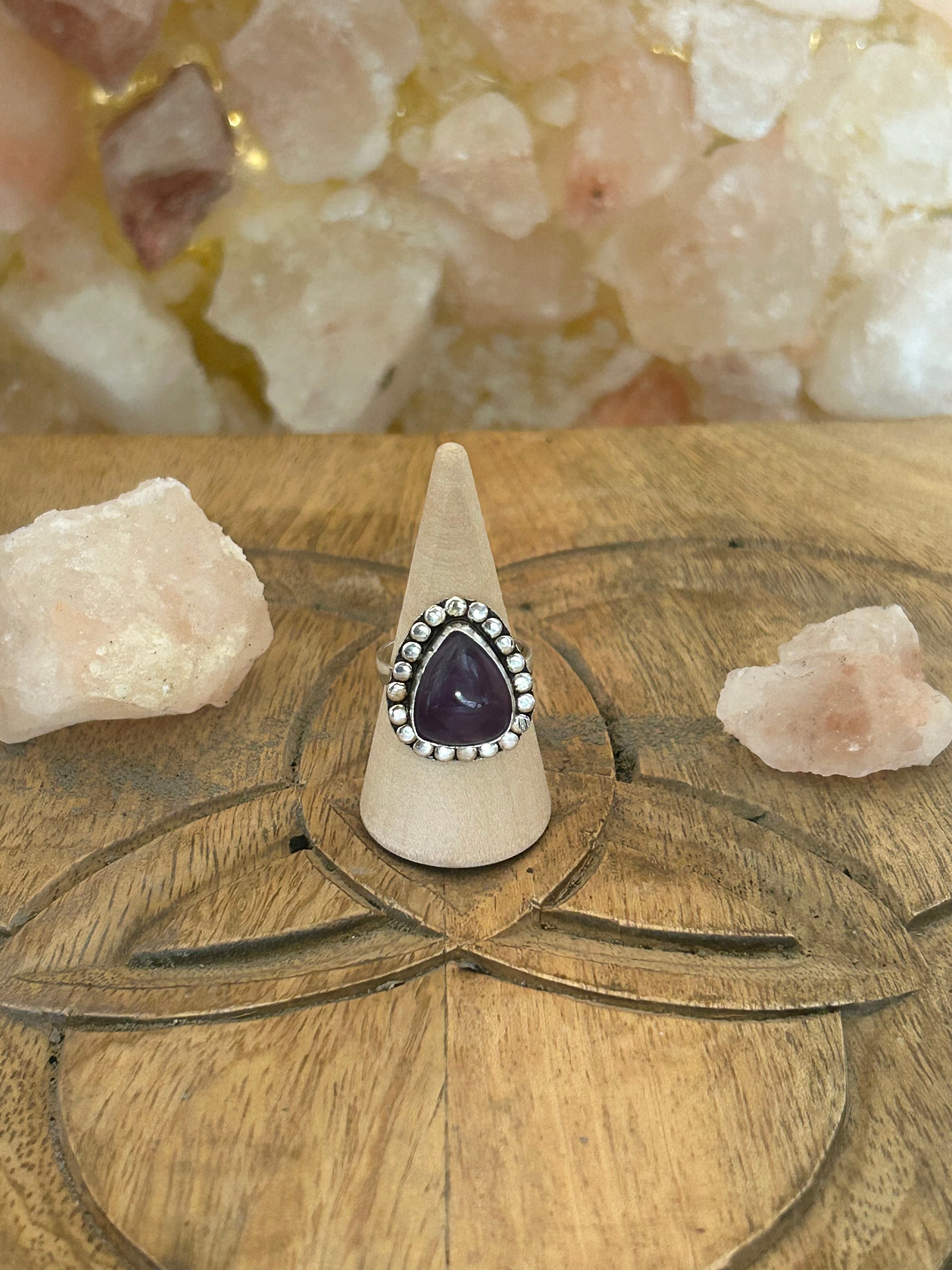 Amethyst Tear Drop Ring- Silver Plated