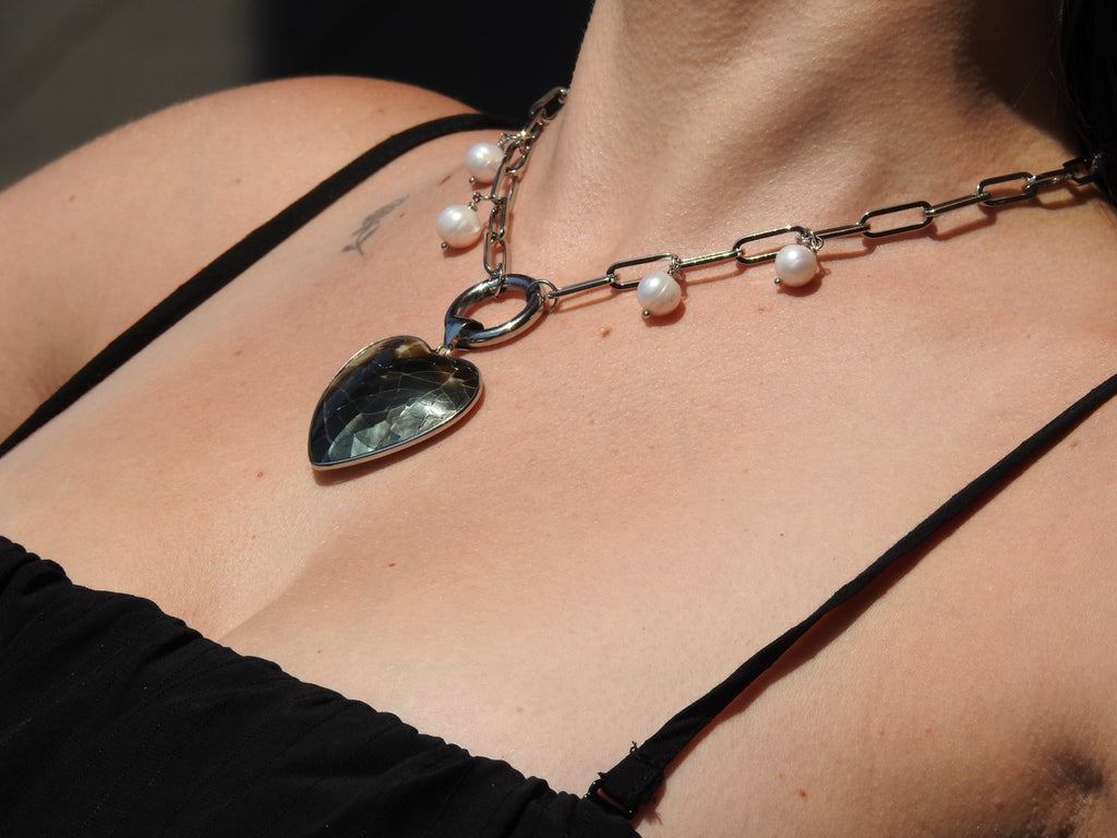 Labradorite Heart Necklace with Pearls – Paperclip Chain Jewelry