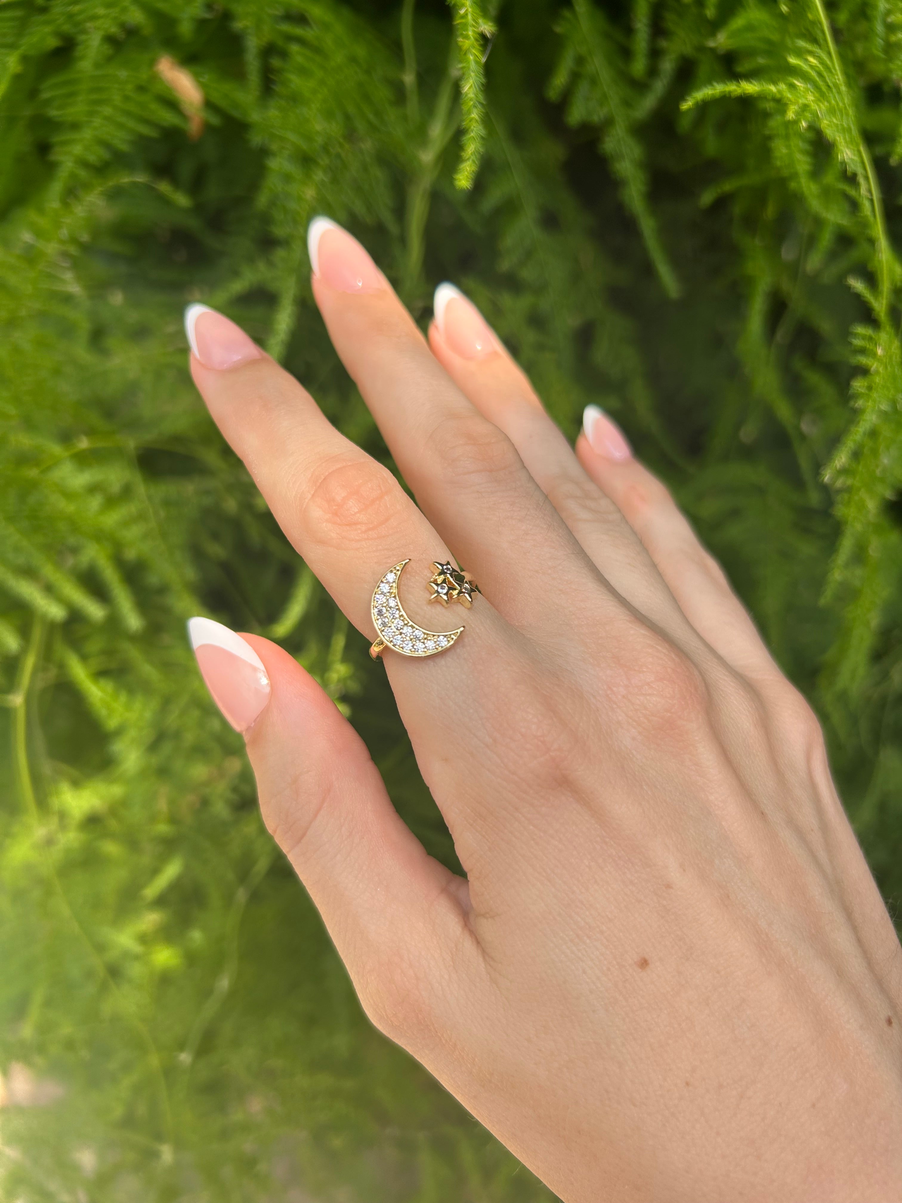 Gold Crescent Moon and Star Ring – Adjustable Mystical Jewelry