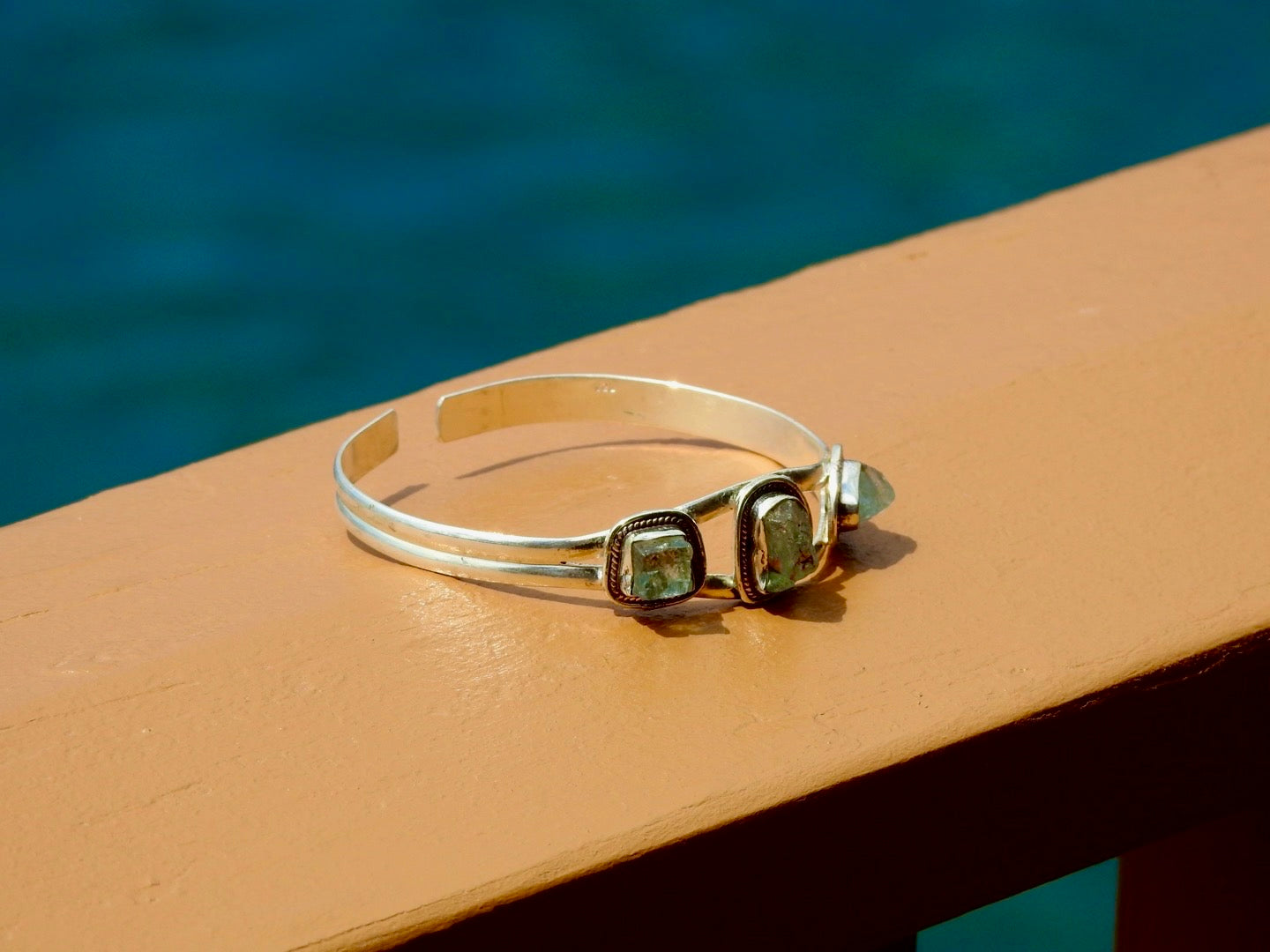 Silver Cuff Bracelet with Green Herkimer Diamonds – Adjustable Crystal Jewelry