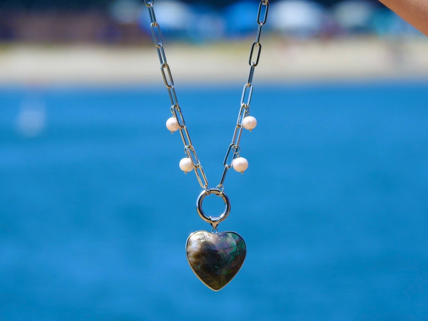 Labradorite Heart Necklace with Pearls – Paperclip Chain Jewelry