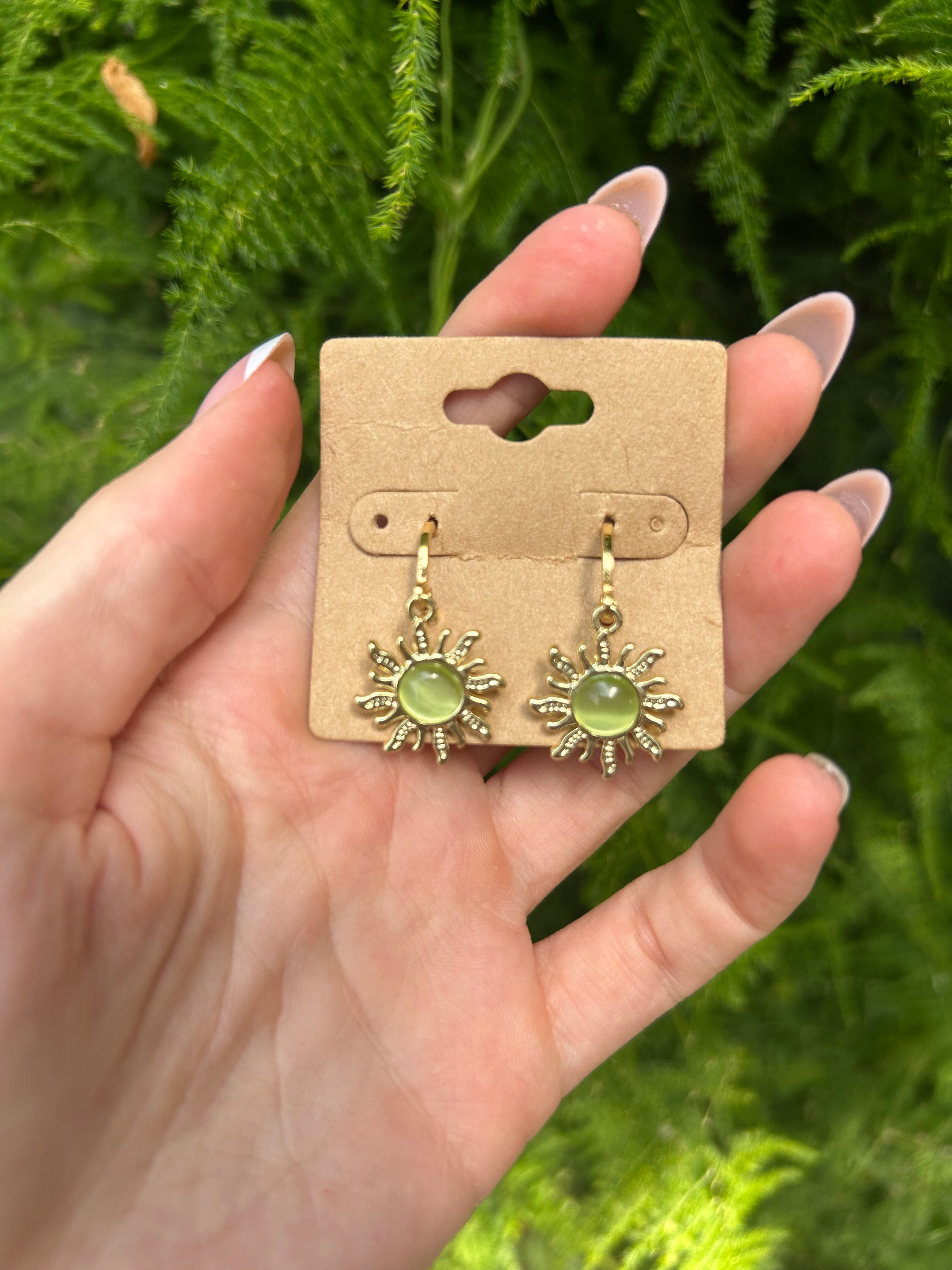Gold Sun Earrings with Green Accents- Celestial Jewelry