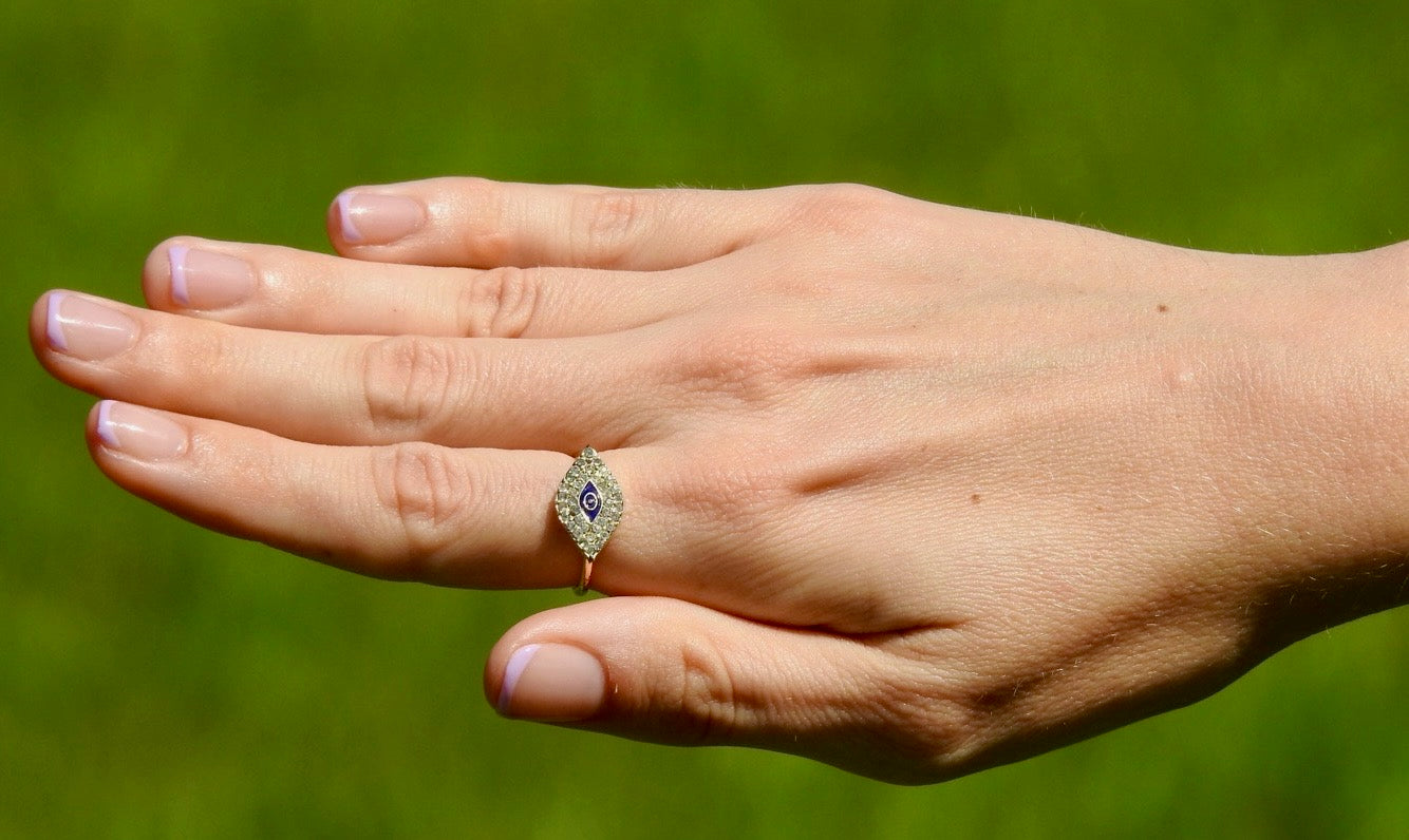 Silver Evil Eye Protection Ring – Blue Crystal Diamond Design