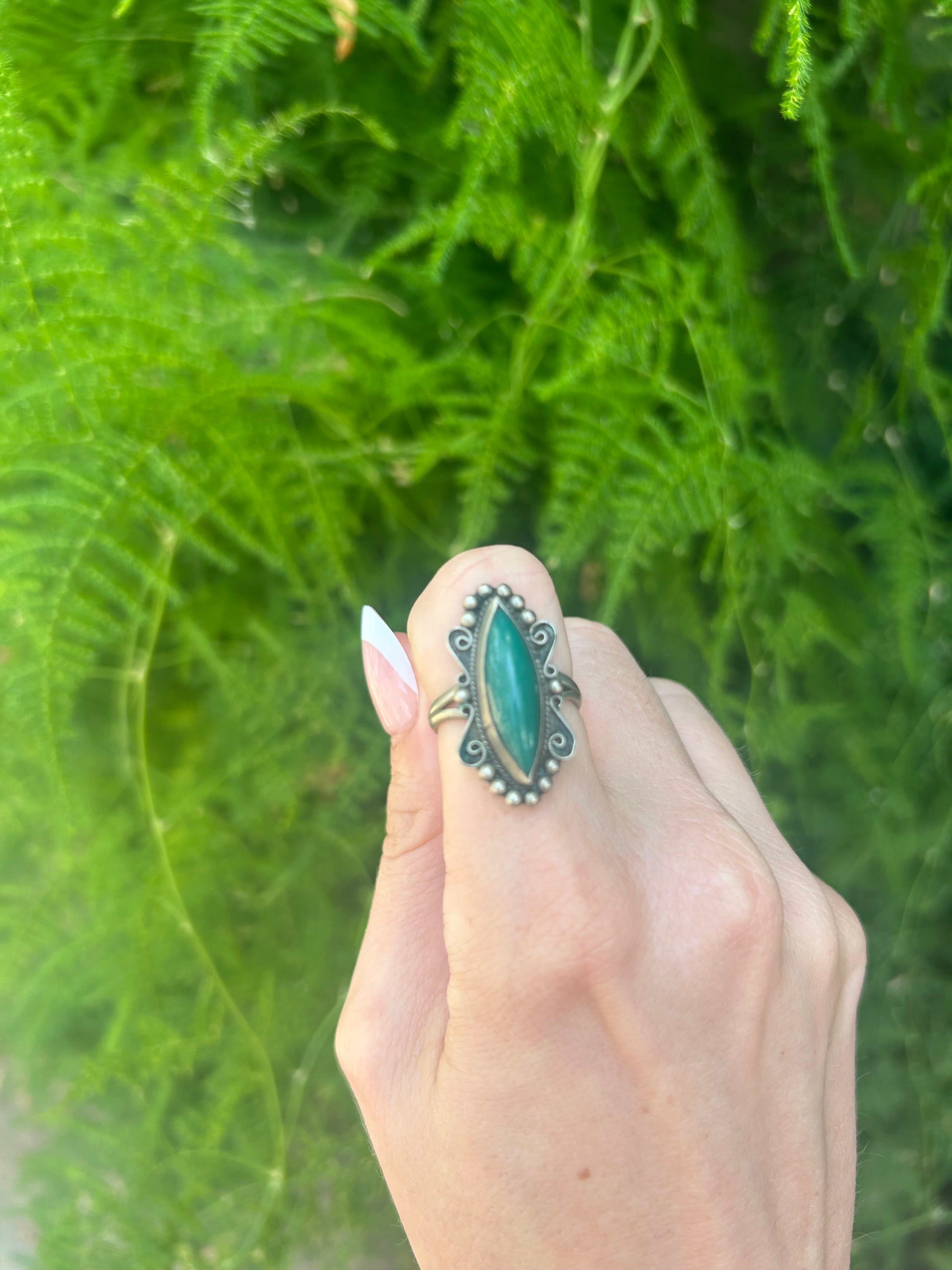 Handcrafted Silver Ring with Green Marquise Stone – Boho Chic Jewelry