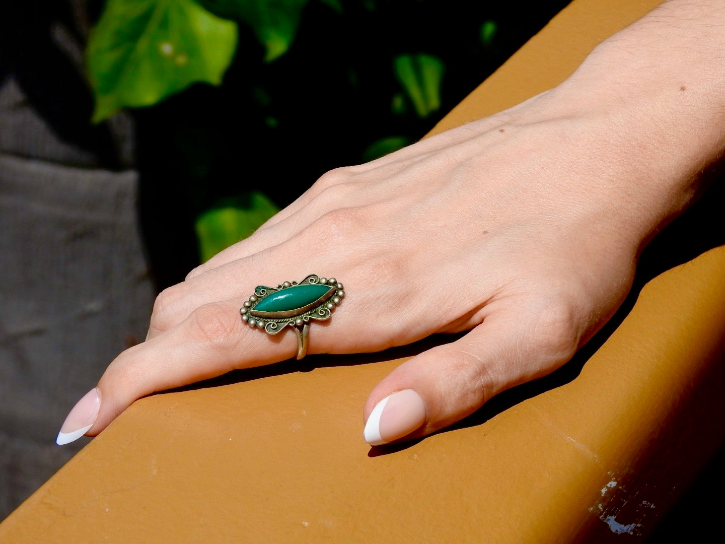 Handcrafted Silver Ring with Green Marquise Stone – Boho Chic Jewelry