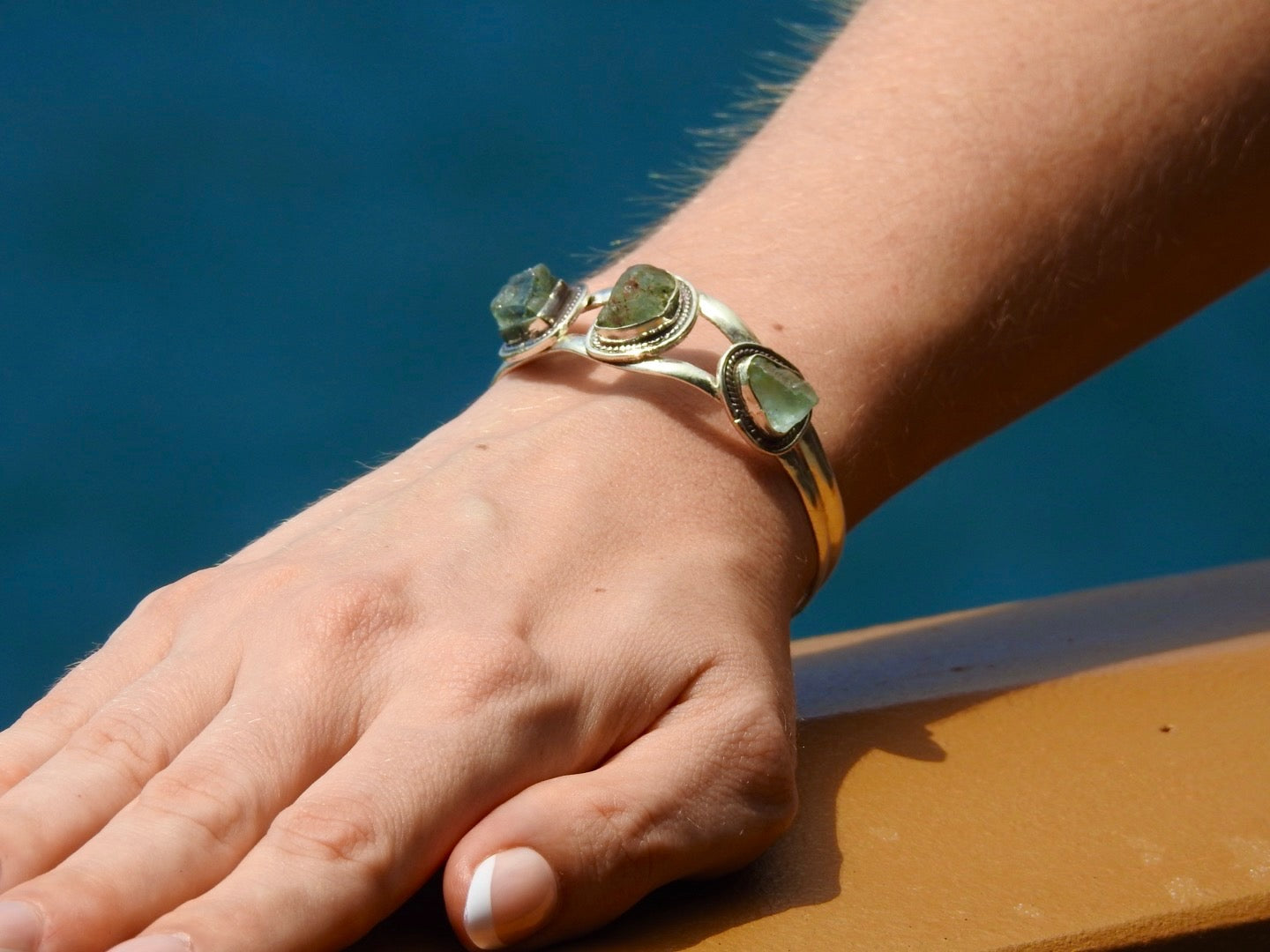 Silver Cuff Bracelet with Green Herkimer Diamonds – Adjustable Crystal Jewelry
