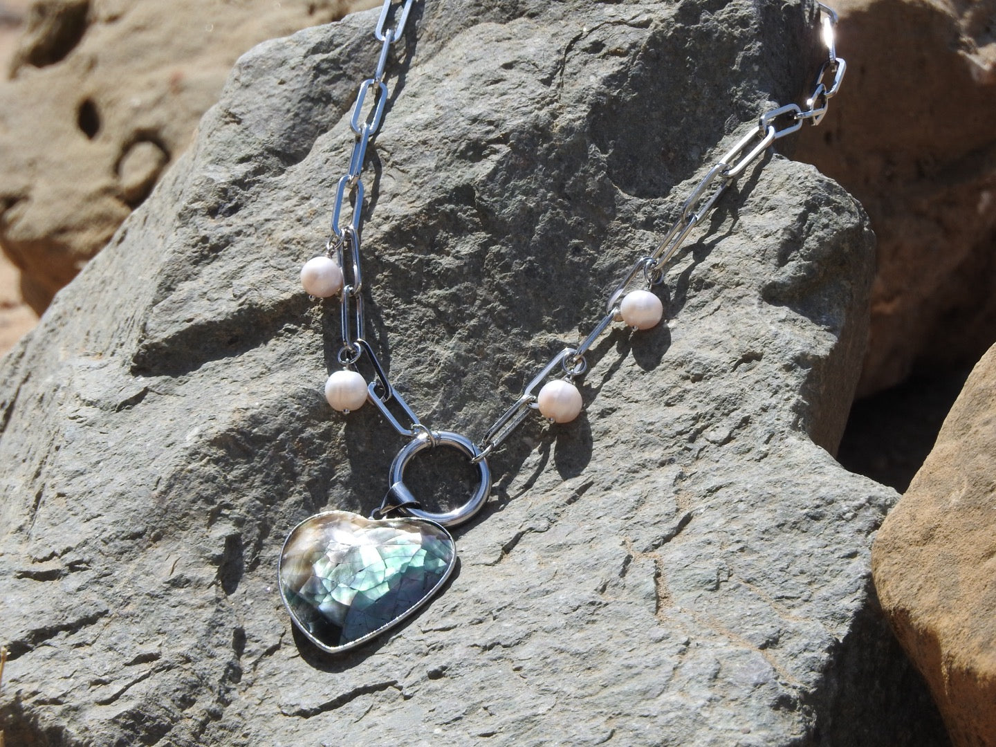 Labradorite Heart Necklace with Pearls – Paperclip Chain Jewelry