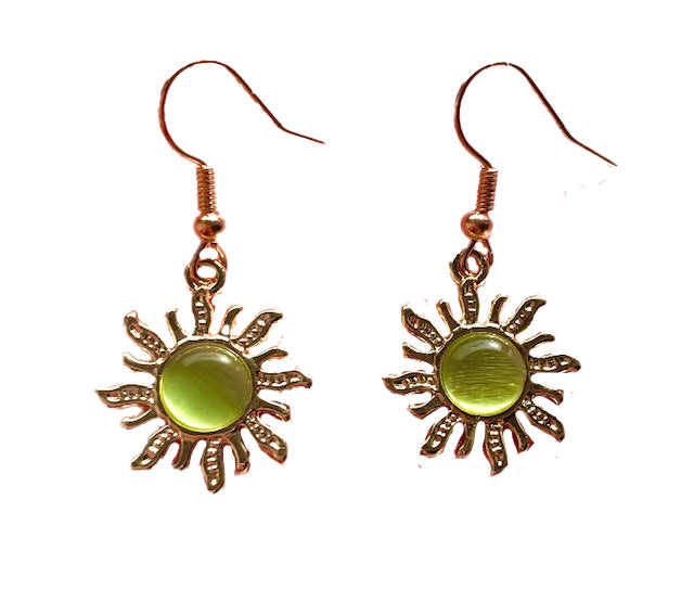 Gold Sun Earrings with Green Accents- Celestial Jewelry